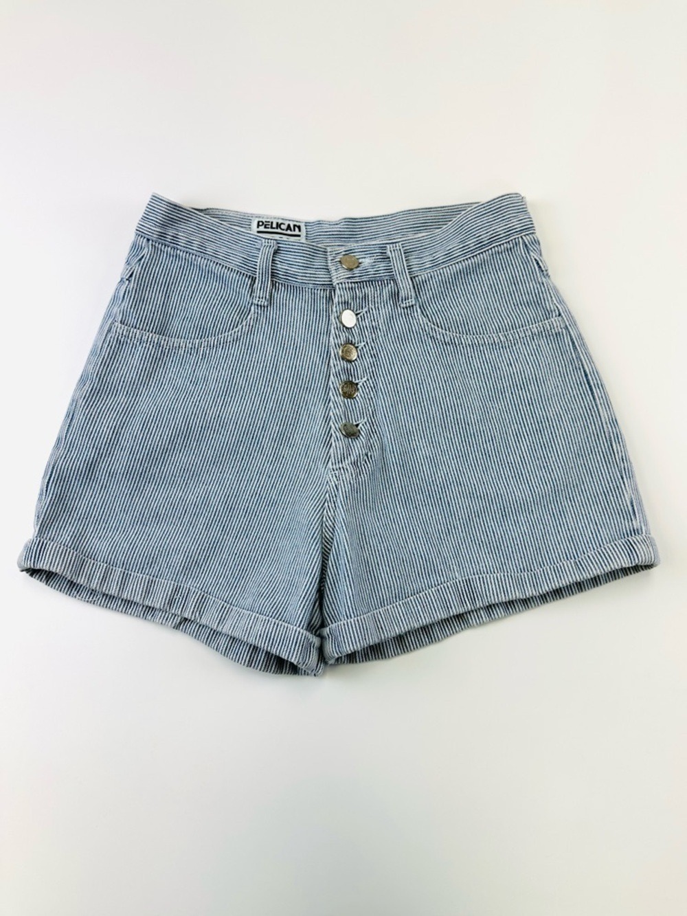 Vintage 90s Pelican Button Fly Shorts Striped Denim Made Canada Coastal Prep S